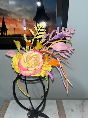 Vibrant Floral Headpiece with Pink and Yellow Rose